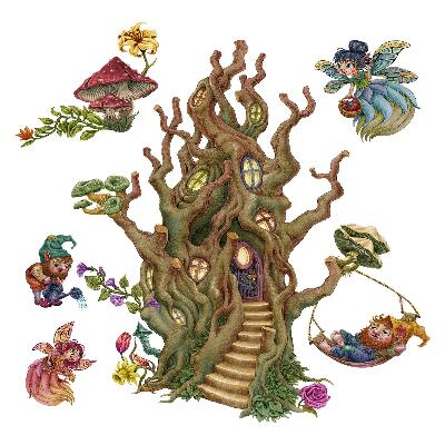 Wall sticker 60x80 Forest creatures fairies gnomes and a tree house