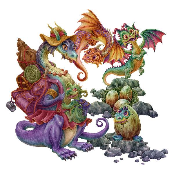 Wall sticker 60x73 Colorful dragons fairy tale family in illustrative style
