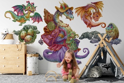 Wall sticker 60x73 Colorful dragons fairy tale family in illustrative style