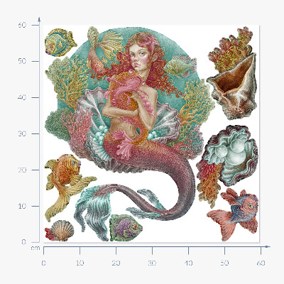 Wall sticker 60x60 Mermaid in cartoon style with underwater shells