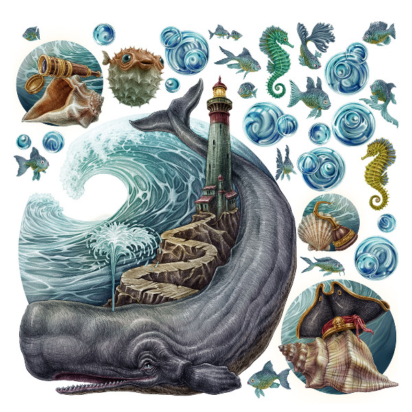 Wall sticker 60x71 An underwater fairy tale with a lantern and animals