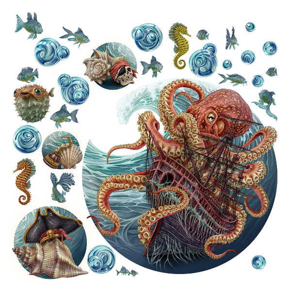 Wall sticker 60x72 A fairy-tale underwater world with an octopus and a ship
