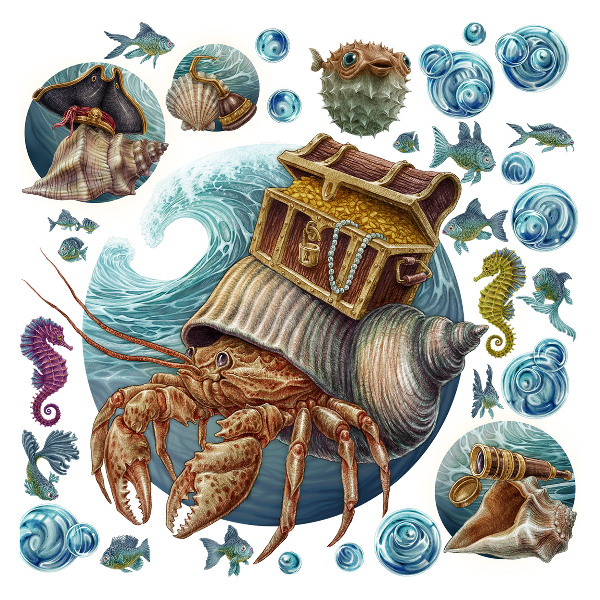 Wall sticker 60x66 An underwater fairy tale with crabs in a cartoon style