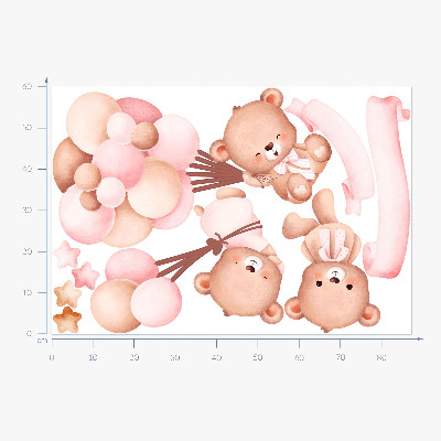 Wall sticker 60x87 Teddy bears with balloons in pastel watercolor