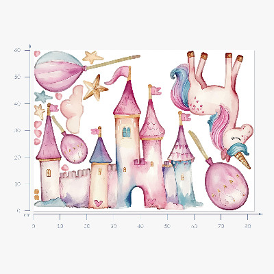 Wall sticker 60x82 Unicorn castle in pastel watercolor style