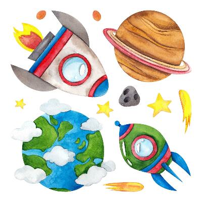 Wall sticker 60x102 Space watercolor with rockets and stars
