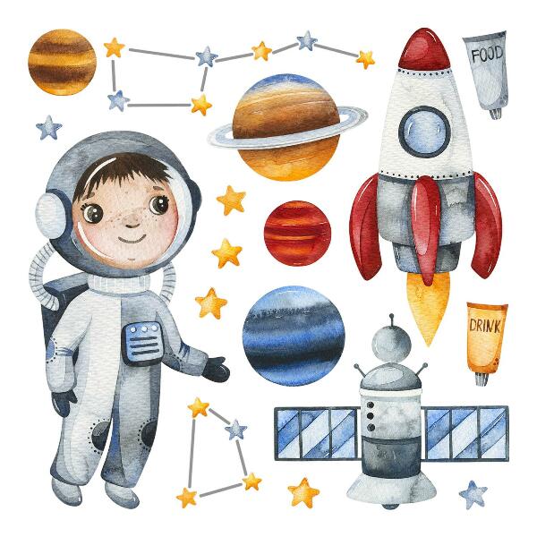 Wall sticker 60x80 The space journey of a little astronaut in watercolor