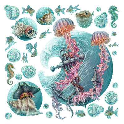Wall sticker 60x62 An underwater fairy tale with jellyfish in pastel colors