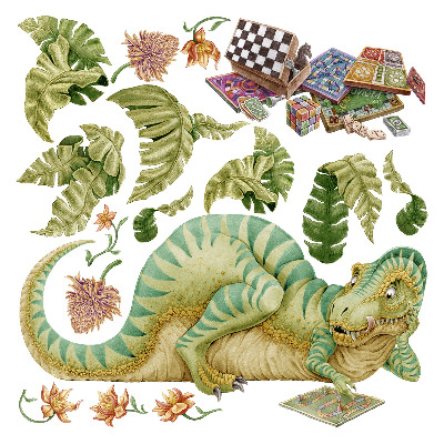 Wall sticker 60x78 Dinosaur pattern with leaves and flowers in pastels