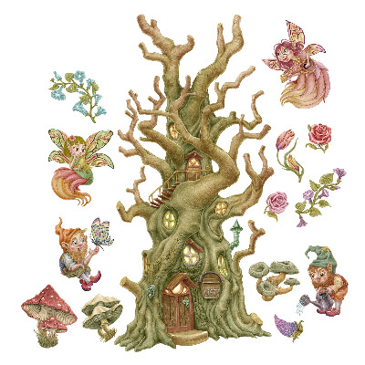 Wall sticker 60x79 Forest fairy fairy creatures and pastel cottage