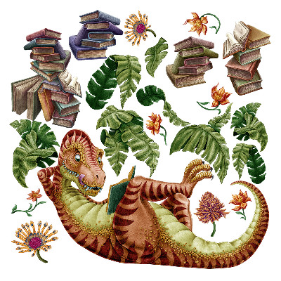 Wall sticker 80x119 Red dinosaur with drawings and vegetation