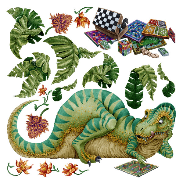 Wall sticker 80x102 Dinosaur in a cartoon style with leaves and flowers