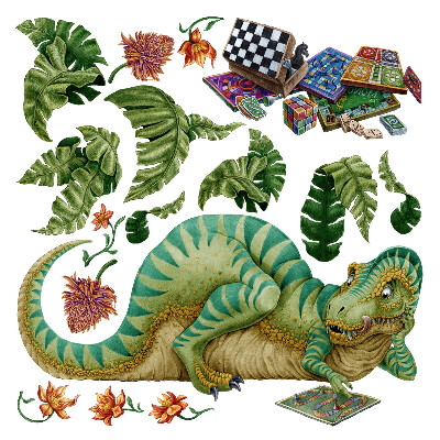 Wall sticker 80x102 Dinosaur in a cartoon style with leaves and flowers