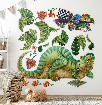 Wall sticker 80x102 Dinosaur in a cartoon style with leaves and flowers