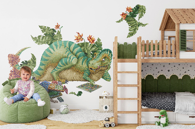 Wall sticker 80x102 Dinosaur in a cartoon style with leaves and flowers