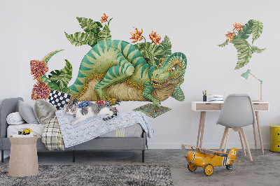 Wall sticker 80x102 Dinosaur in a cartoon style with leaves and flowers