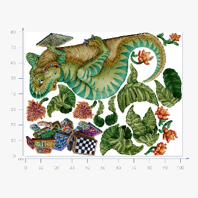 Wall sticker 80x102 Dinosaur in a cartoon style with leaves and flowers