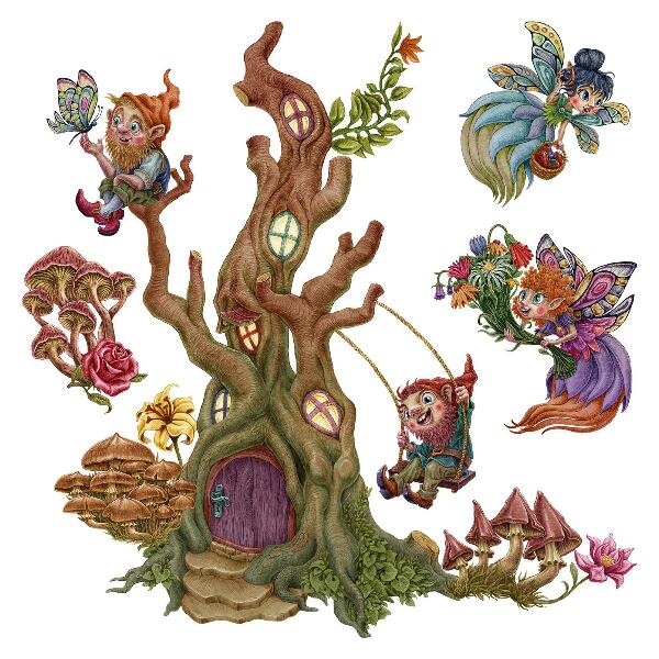Wall sticker 80x83 Forest magic with fairies and dwarves
