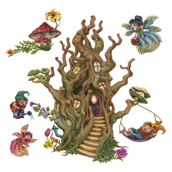 Wall sticker 80x106 Forest creatures fairies gnomes and a tree house