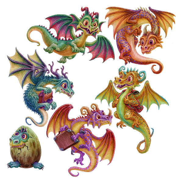 Wall sticker 80x64 Colorful dragons in a cartoon fairy tale aesthetic