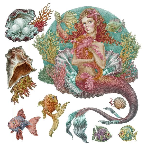 Wall sticker 80x79 Mermaid in cartoon style with underwater shells
