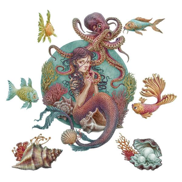 Wall sticker 80x89 Mermaid made of shells in a cartoon style