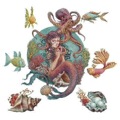 Wall sticker 80x89 Mermaid made of shells in a cartoon style
