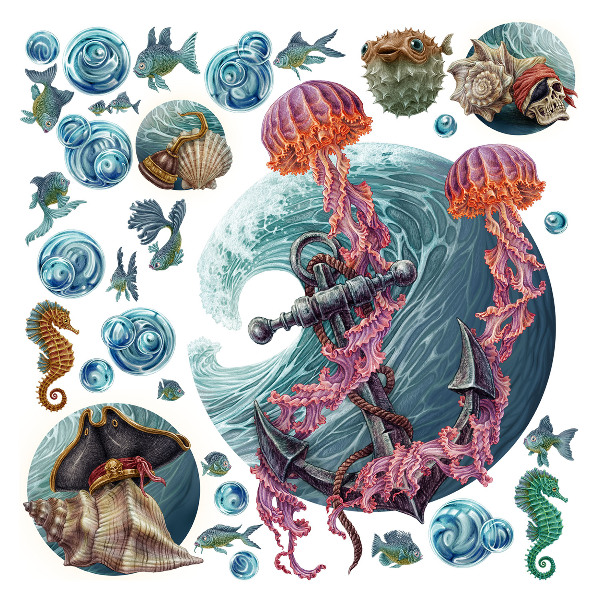 Wall sticker 80x86 Underwater fairy tale with sea jellyfish in the drawing