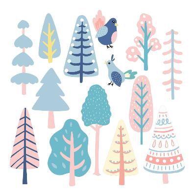 Wall sticker 80x100 Boho forest with pastel trees and birds