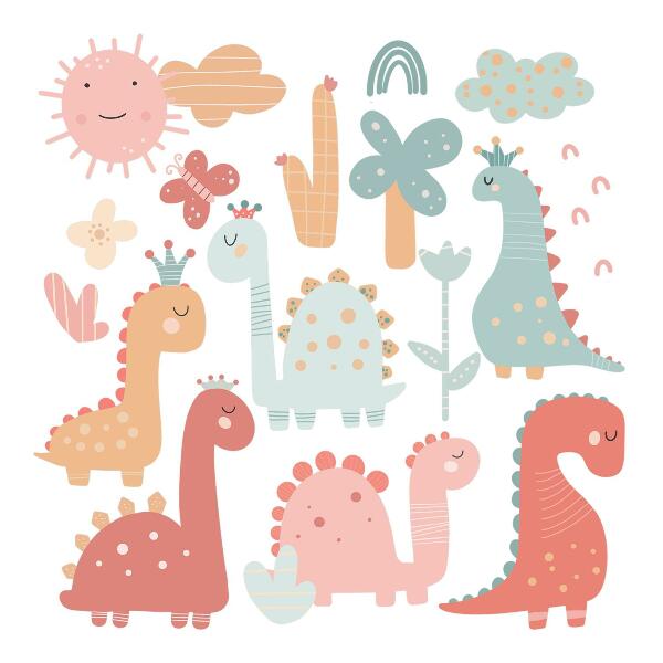 Wall sticker 80x122 Pastel world of dinosaurs in boho style