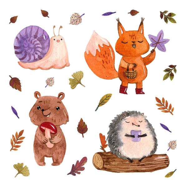 Wall sticker 80x128 Forest creatures in autumn watercolor shades
