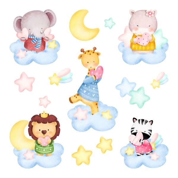 Wall sticker 80x122 Adorable animals in clouds and stars watercolor pastel