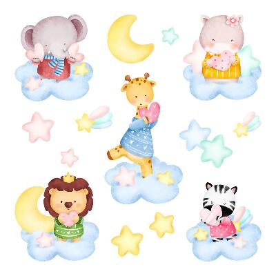 Wall sticker 80x122 Adorable animals in clouds and stars watercolor pastel