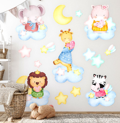 Wall sticker 80x122 Adorable animals in clouds and stars watercolor pastel