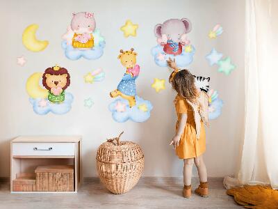 Wall sticker 80x122 Adorable animals in clouds and stars watercolor pastel