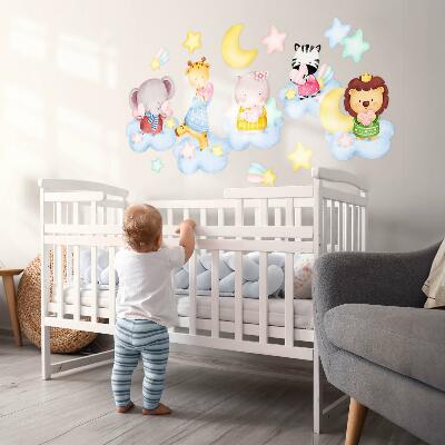 Wall sticker 80x122 Adorable animals in clouds and stars watercolor pastel