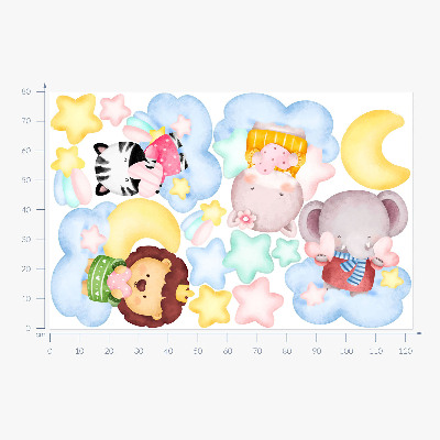 Wall sticker 80x122 Adorable animals in clouds and stars watercolor pastel