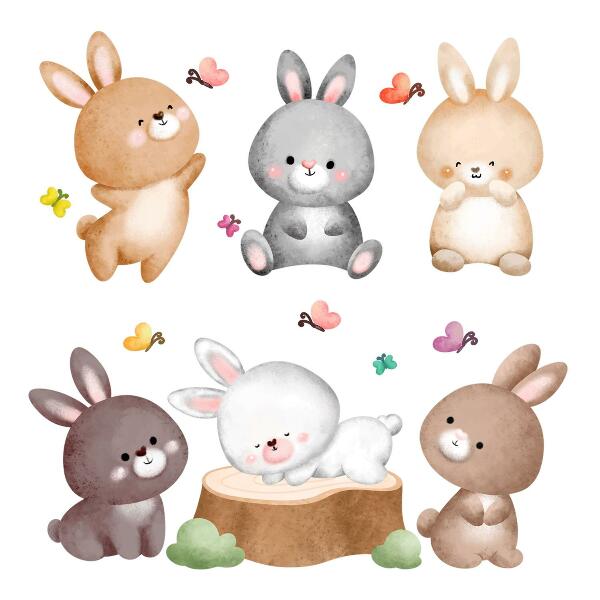 Wall sticker 80x99 Pastel bunnies and butterflies in a forest style