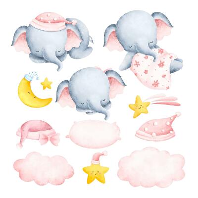 Wall sticker 80x122 Elephants and clouds in a pastel watercolor style