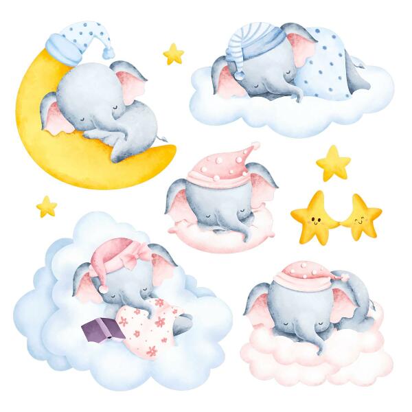 Wall sticker 80x112 Pastel elephants and clouds in a watercolor style