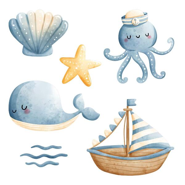 Wall sticker 80x106 Sea creatures and a boat in pastel watercolor