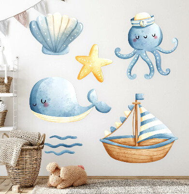 Wall sticker 80x106 Sea creatures and a boat in pastel watercolor
