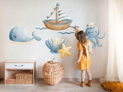 Wall sticker 80x106 Sea creatures and a boat in pastel watercolor