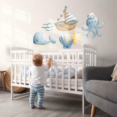 Wall sticker 80x106 Sea creatures and a boat in pastel watercolor