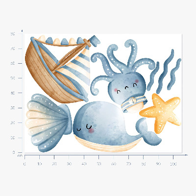 Wall sticker 80x106 Sea creatures and a boat in pastel watercolor