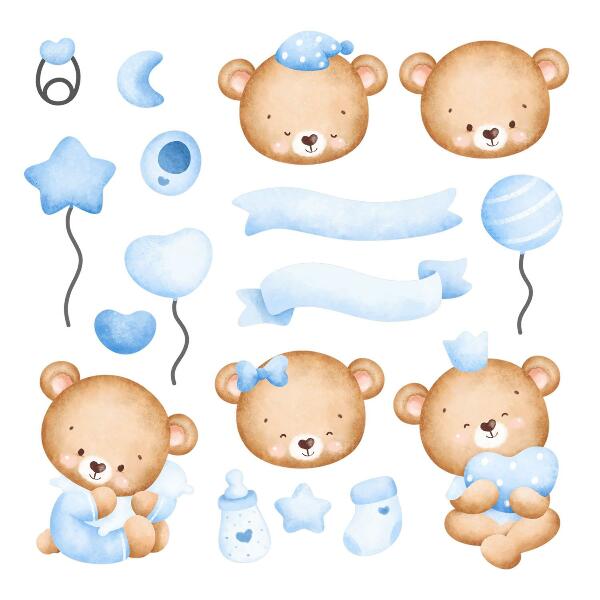 Wall sticker 80x111 Pastel watercolor teddy bears in a charming style
