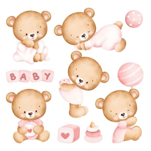 Wall sticker 80x140 Pastel watercolor teddy bears in a charming version