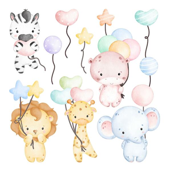 Wall sticker 80x118 Safari with wild animals and balloons in watercolor