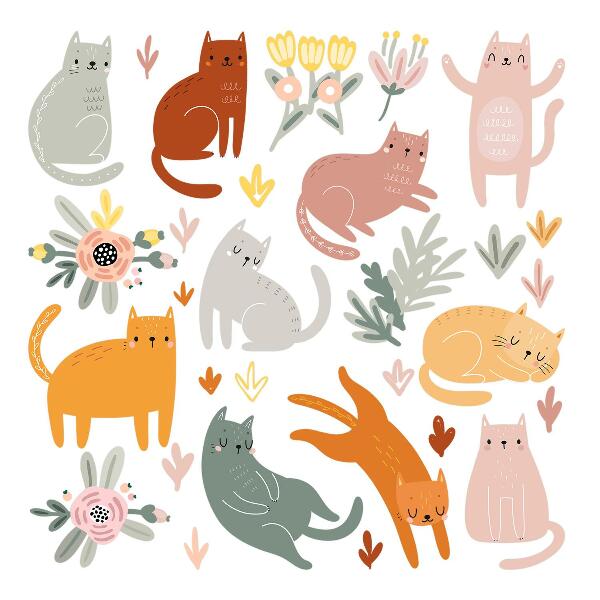 Wall sticker 80x141 Pastel cats and plants in boho style