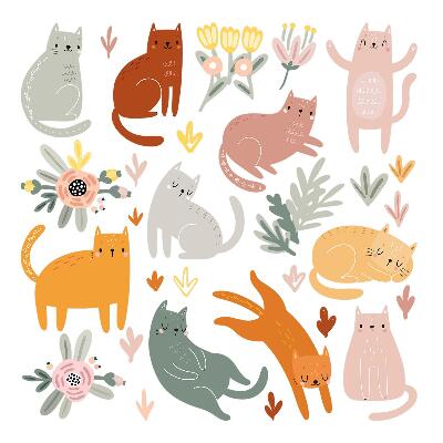 Wall sticker 80x141 Pastel cats and plants in boho style